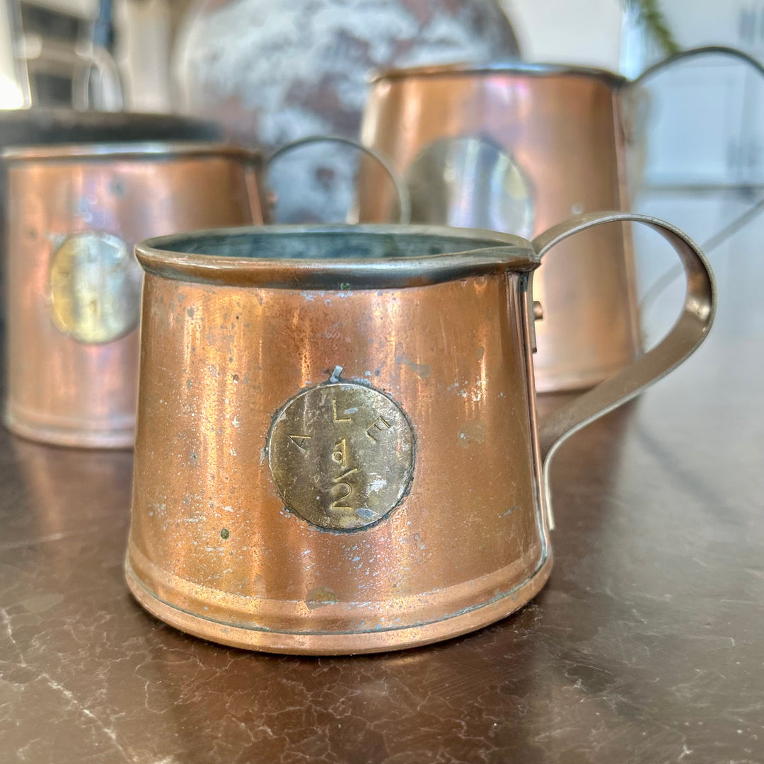 Set of Antique Copper Measuring Jugs with Verification Medallions — Graduated Set of Three
