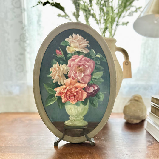 Antique oval floral still life oil on board