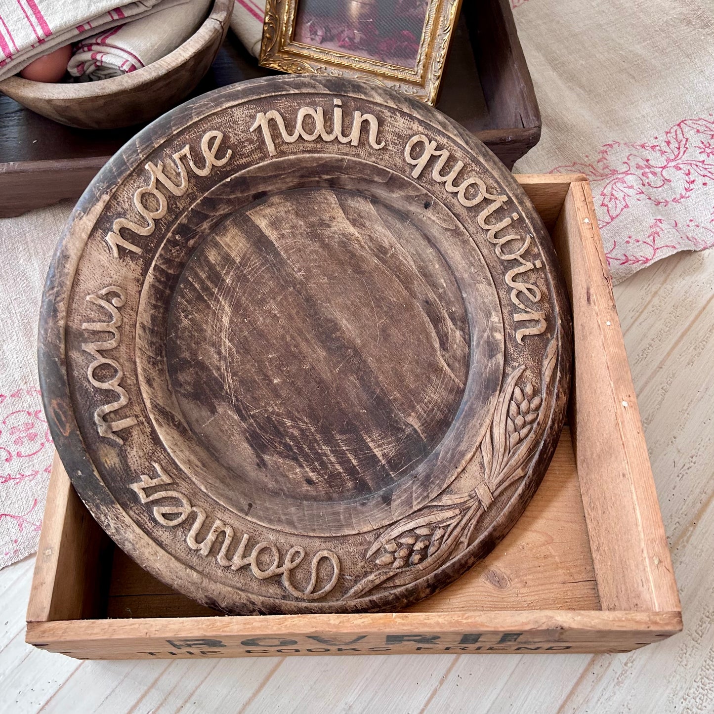 Vintage French Hand-Carved Bread Board | “Donnez Nous Notre Pain Quotidien”