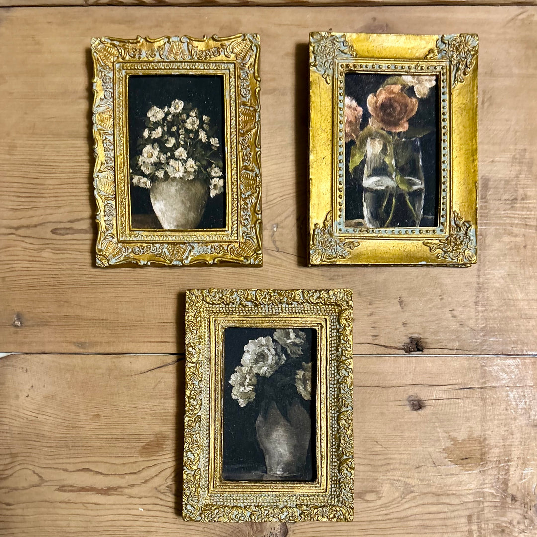 Set of Three Floral Still Life Prints in Ornate gilt frames