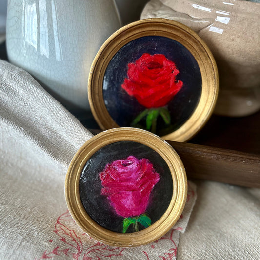 Miniature Rose Oil Paintings in Gilt Frames