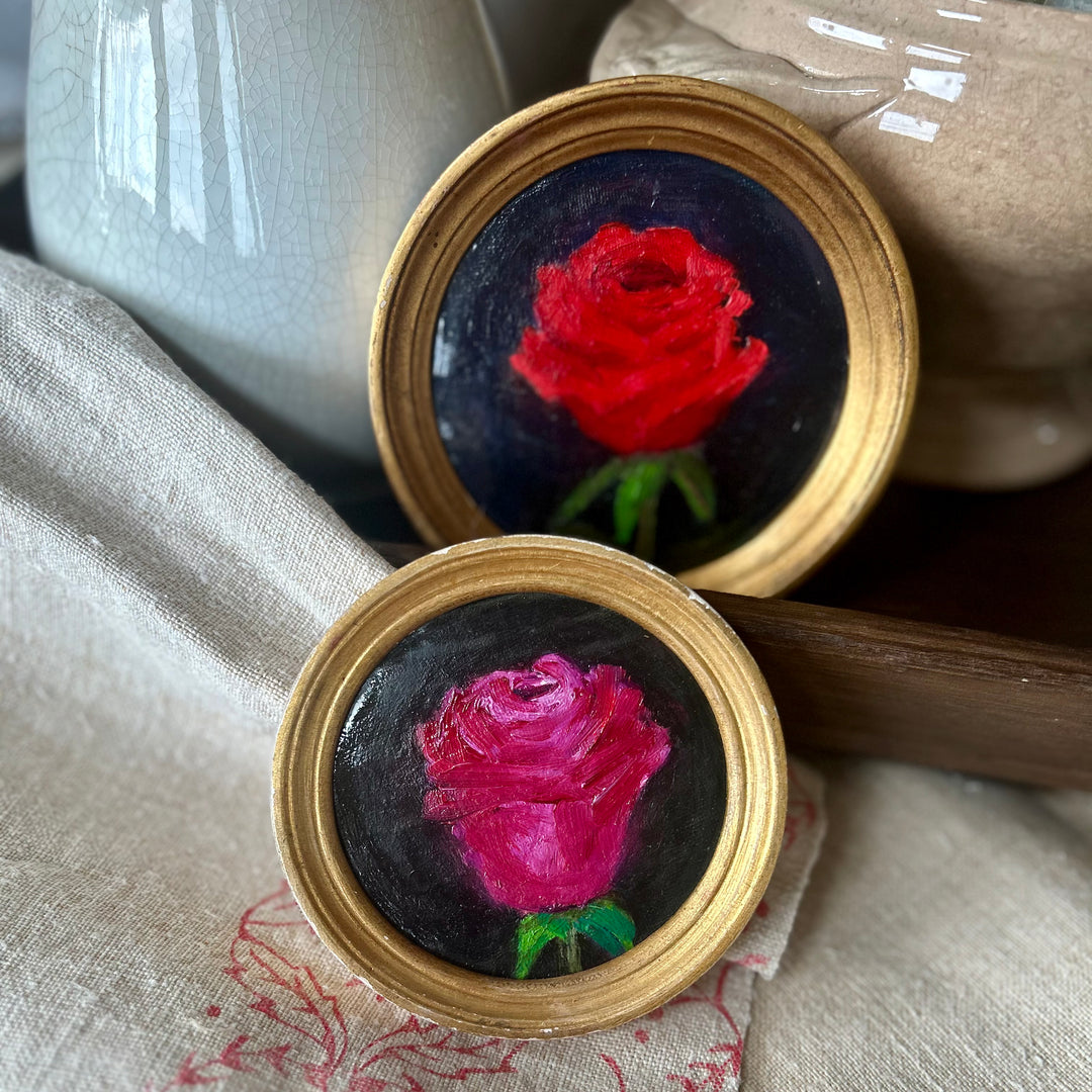 Miniature Rose Oil Paintings in Gilt Frames