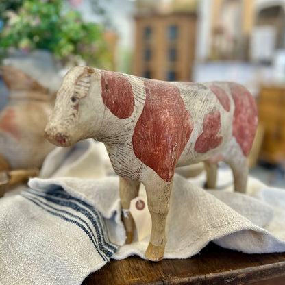 Antique Hand-Carved Wooden Folk Art Cow (circa 1880–1920).