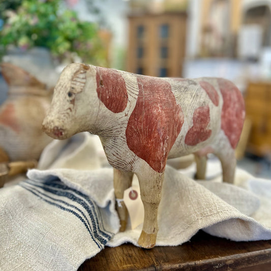 Antique Hand-Carved Wooden Folk Art Cow (circa 1880–1920).
