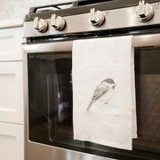 Chickadee French linen tea towel