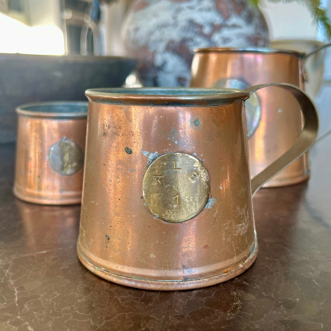 Set of Antique Copper Measuring Jugs with Verification Medallions — Graduated Set of Three