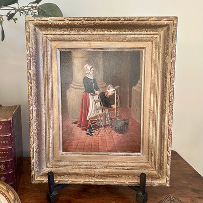 Thoughtful prayers- primitive oil painting in antique frame