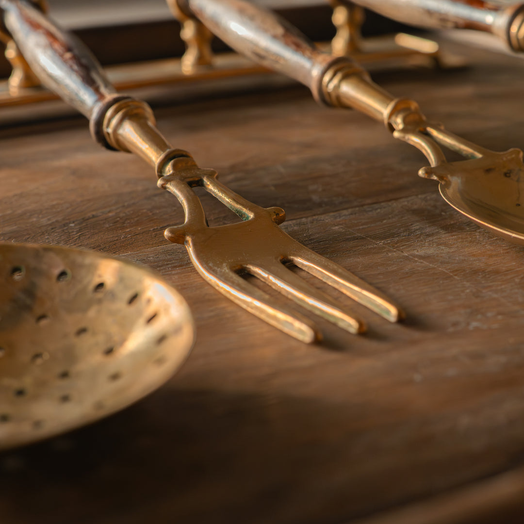 Vintage brass & wood kitchen utensil set