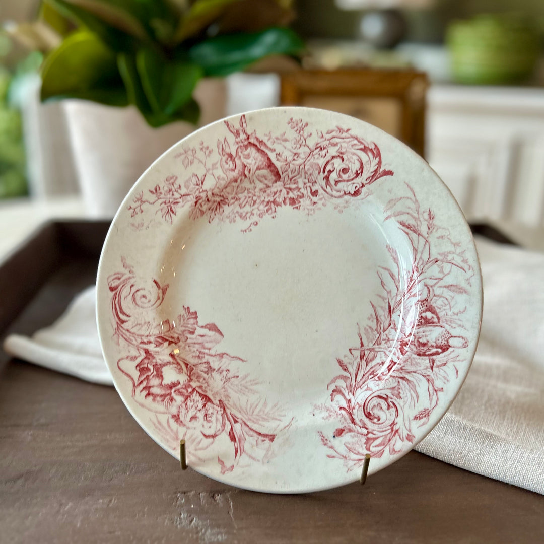 Antique French Lunéville “Chassé” Transferware Plate – Lion, Hare & Pheasant Motif in Deep Rose