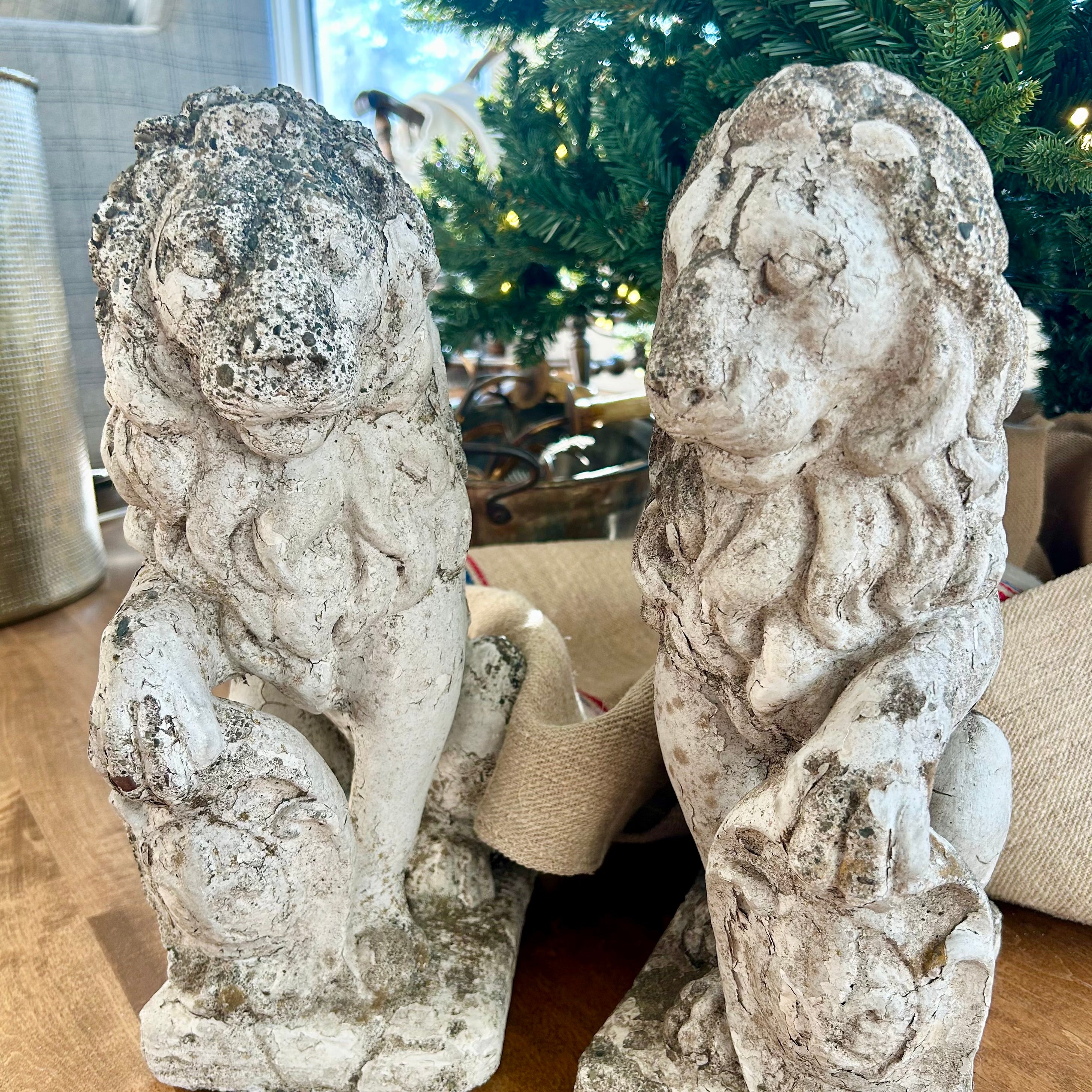 Pair of Weathered Stone Lions, c. 1920–1950