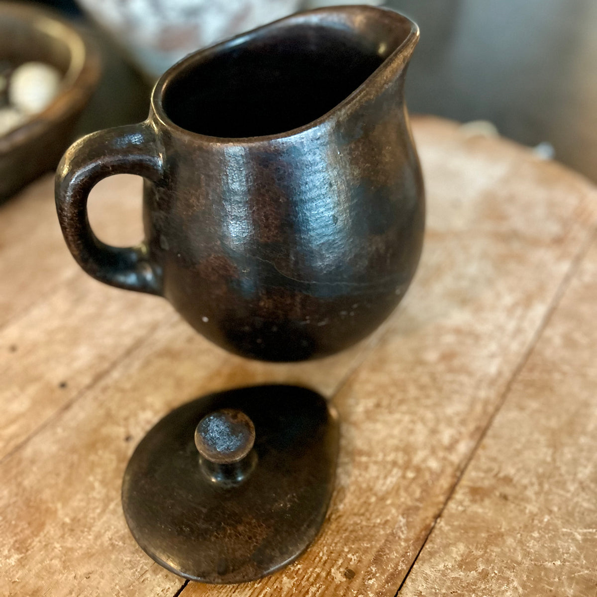 Hand-Thrown Black Pottery Pitcher (Lidded)