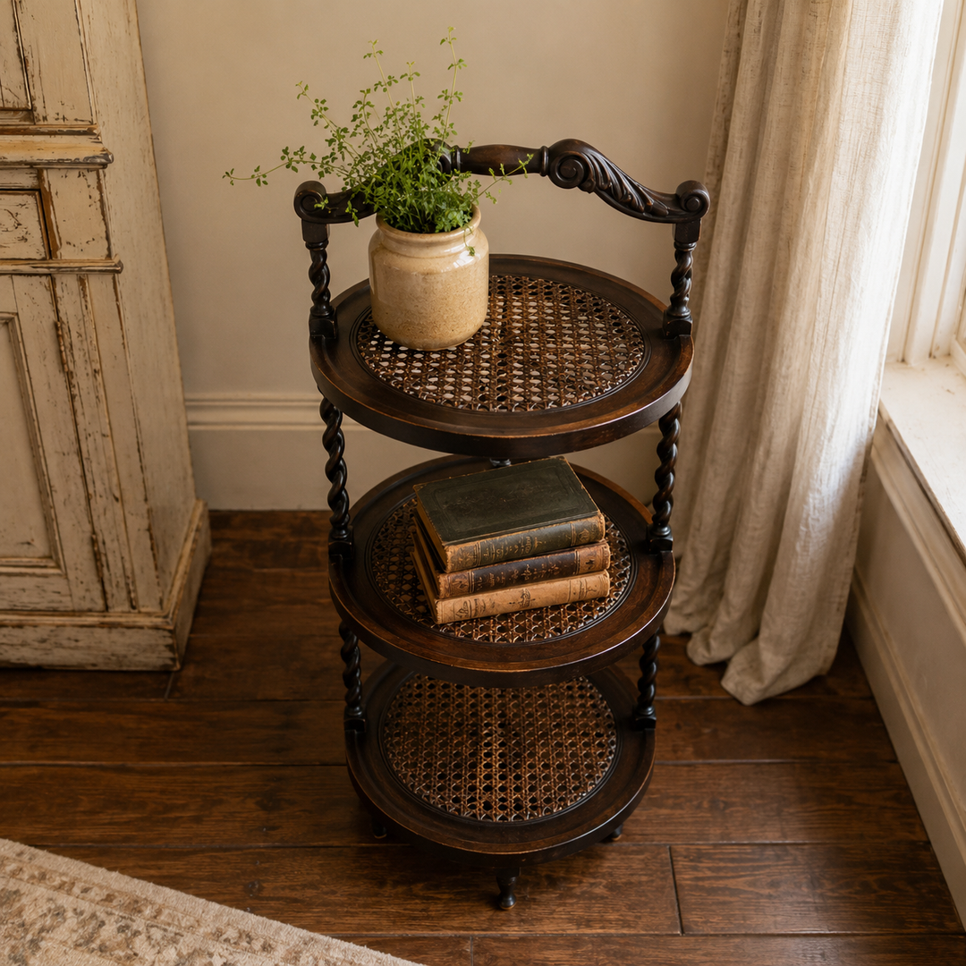 Antique Victorian Three-Tier Caned Whatnot Stand