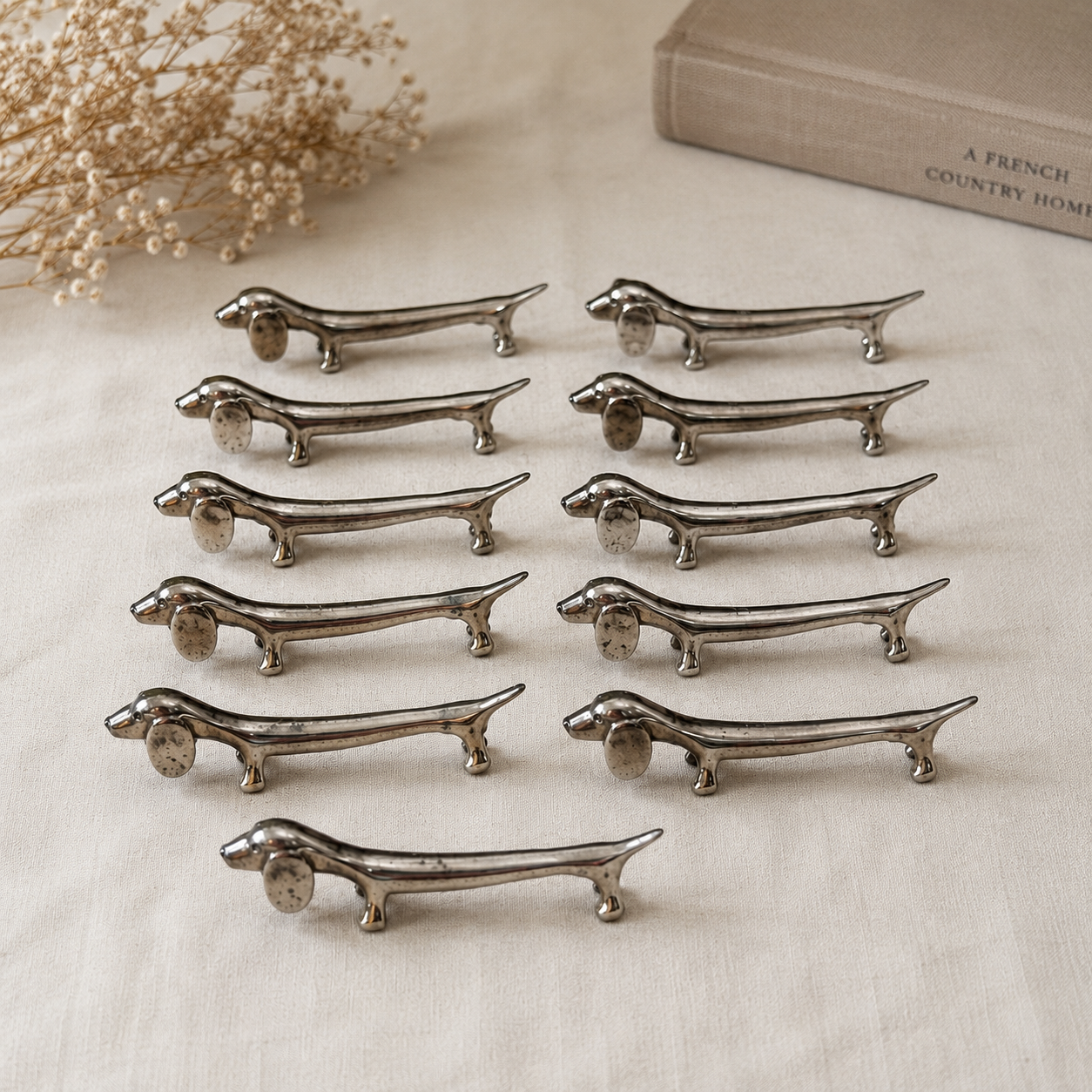 Vintage French Silver-Plated Dachshund Knife Rests – Set of 12