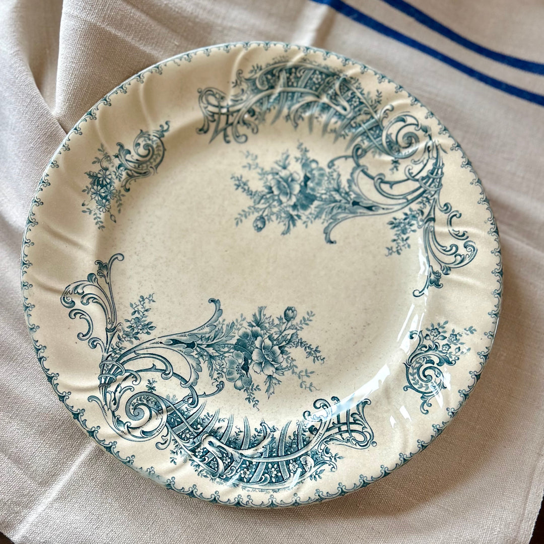 Antique French Transferware Plates – “Madeleine” Pattern, Blue Floral Scroll (B.F.K.)