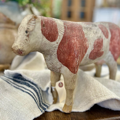 Antique Hand-Carved Wooden Folk Art Cow (circa 1880–1920).
