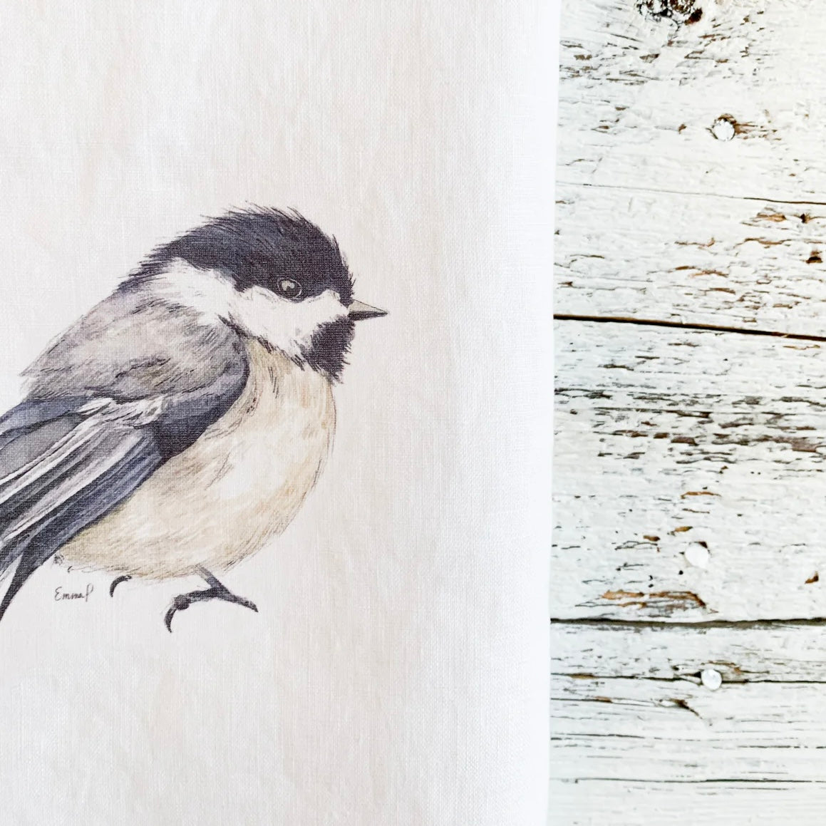 Chickadee French linen tea towel