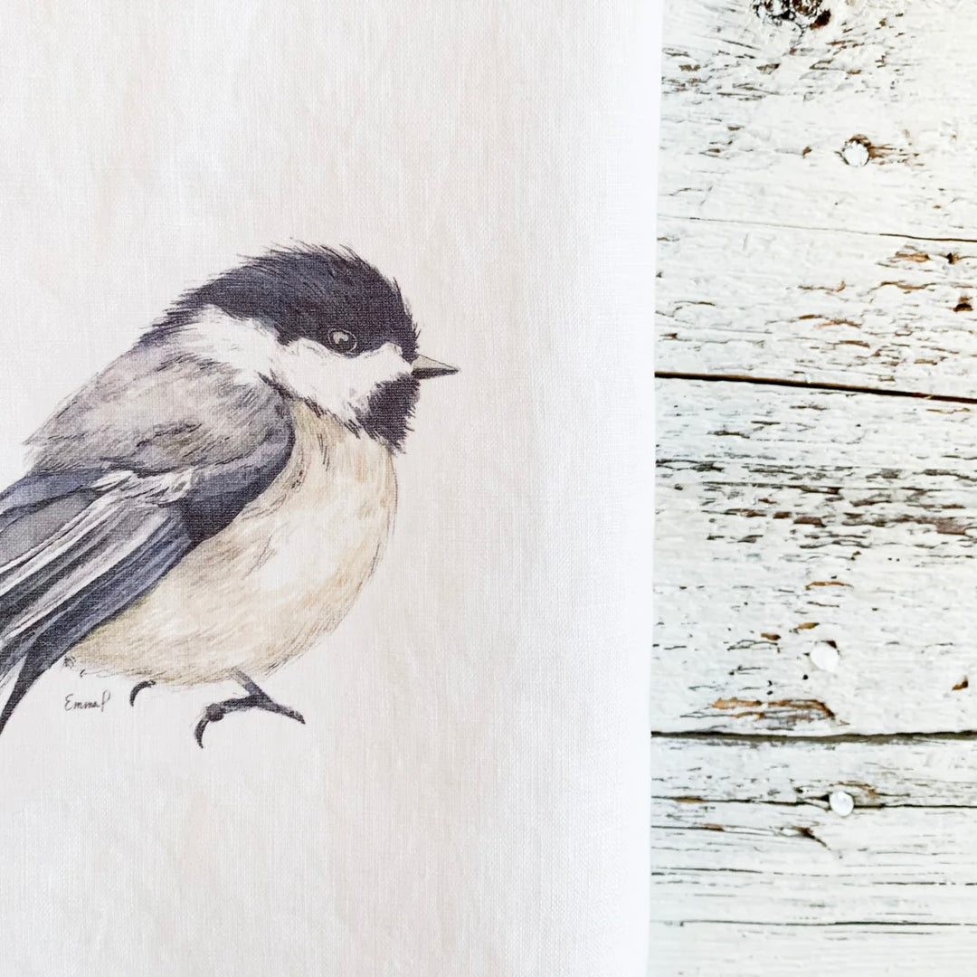 Chickadee French linen tea towel