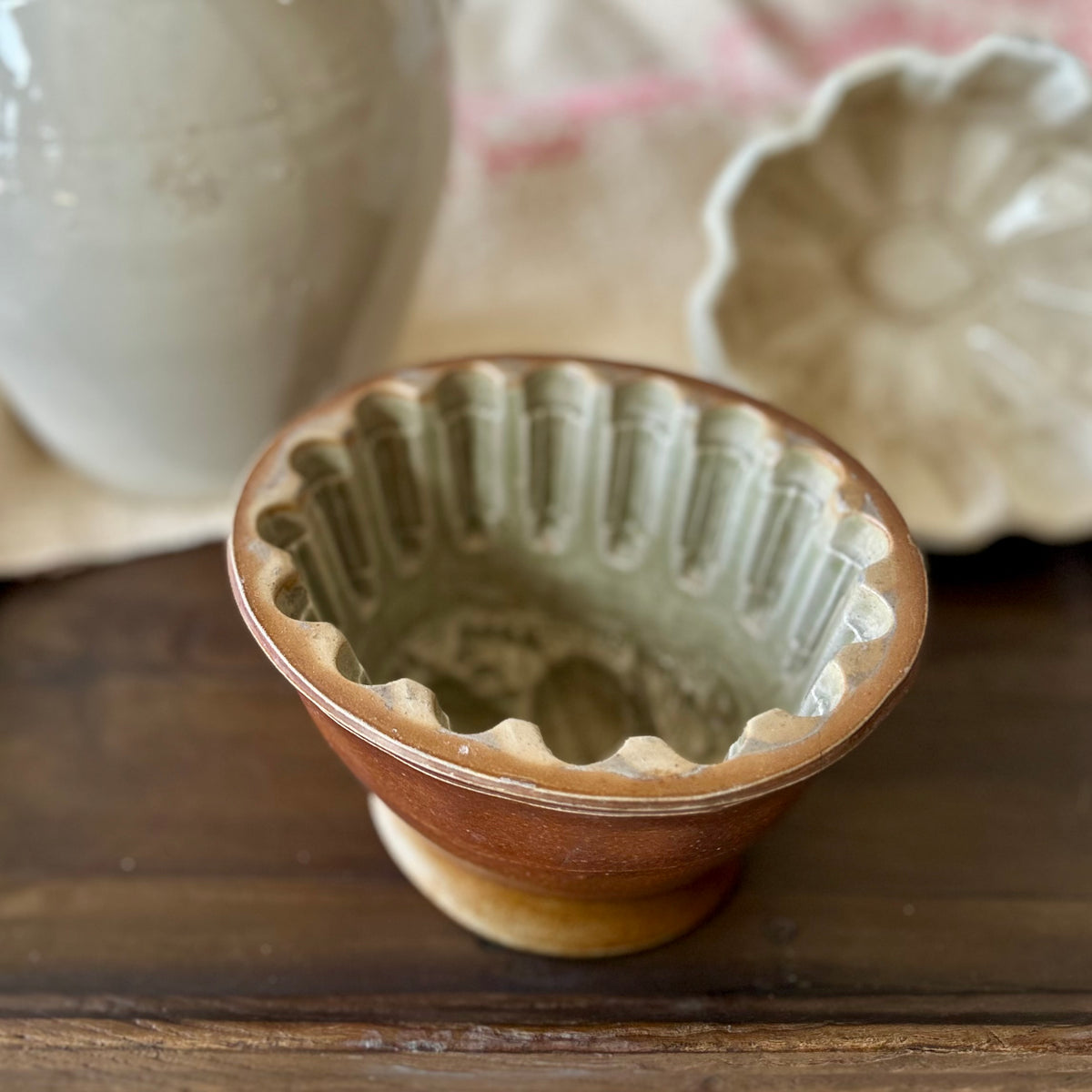 Antique Stoneware Pudding Mold / Jelly Mold with Olive Glaze
