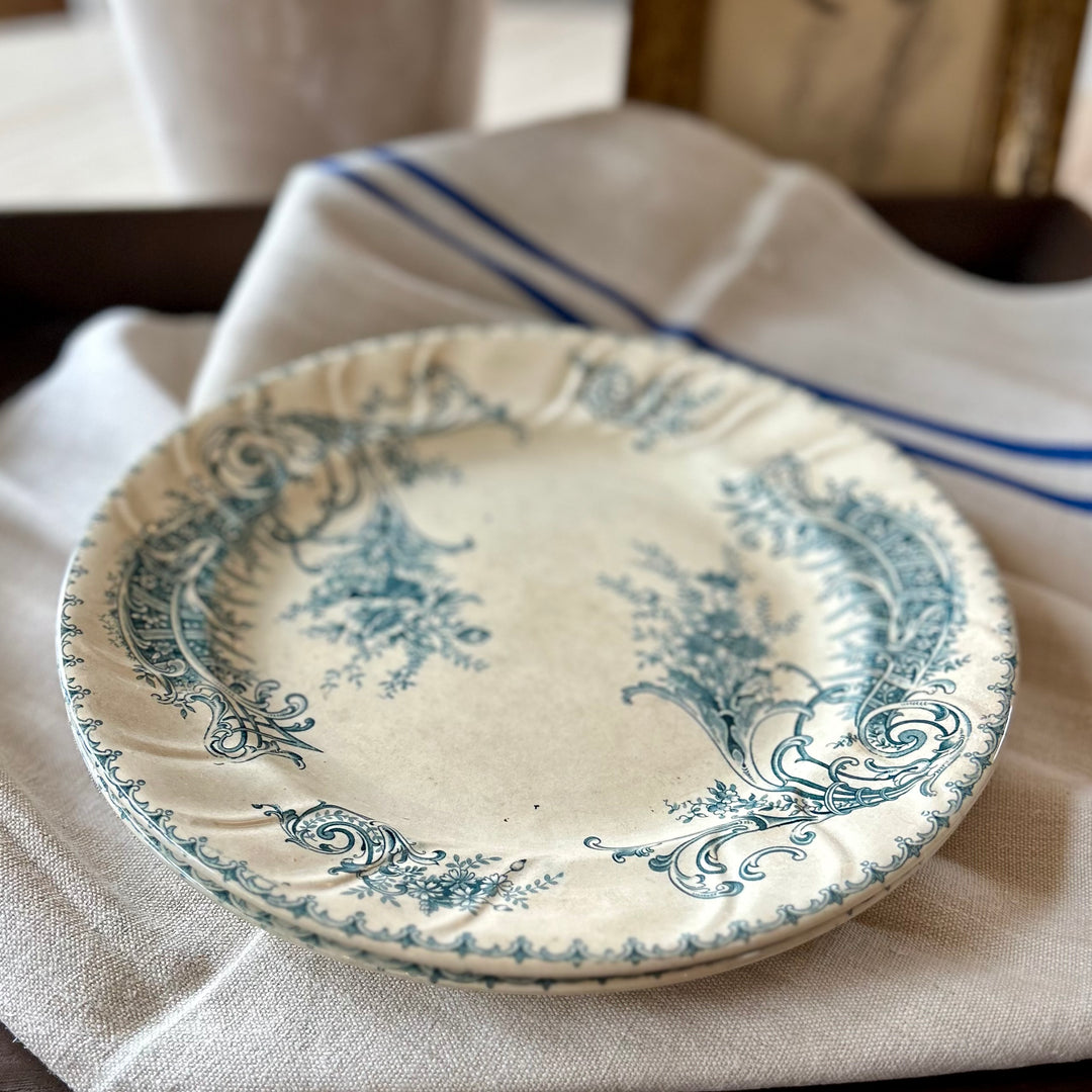 Antique French Transferware Plates – “Madeleine” Pattern, Blue Floral Scroll (B.F.K.)
