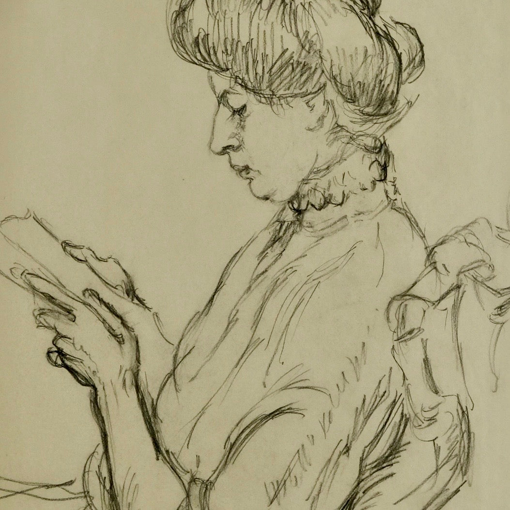 Rita Mount (1888–1967)
Untitled: Woman Reading (Floral Study on Verso)
Graphite on paper, signed lower left