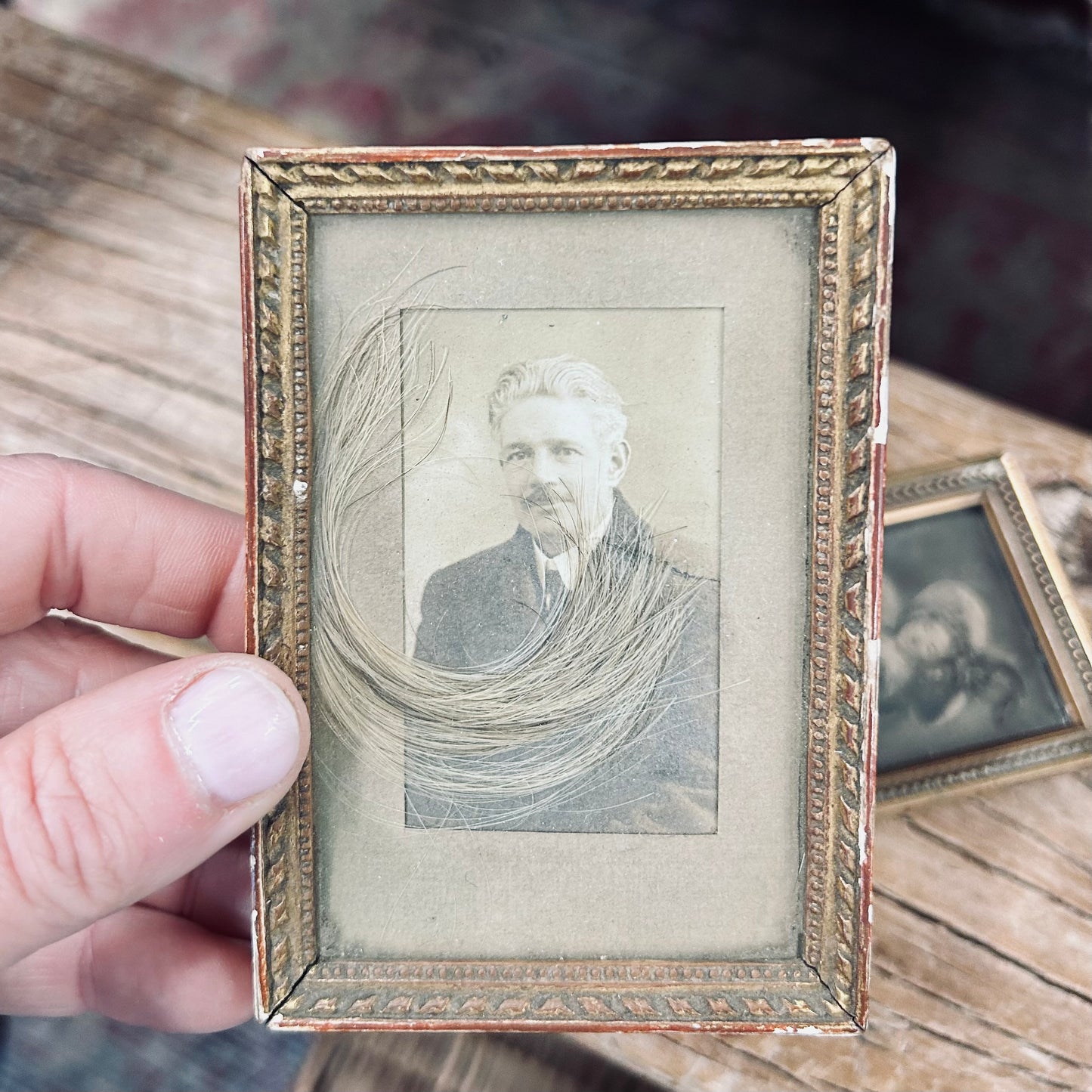 Vintage Framed Portrait with Lock of Hair | Early 20th Century Memory Keepsake