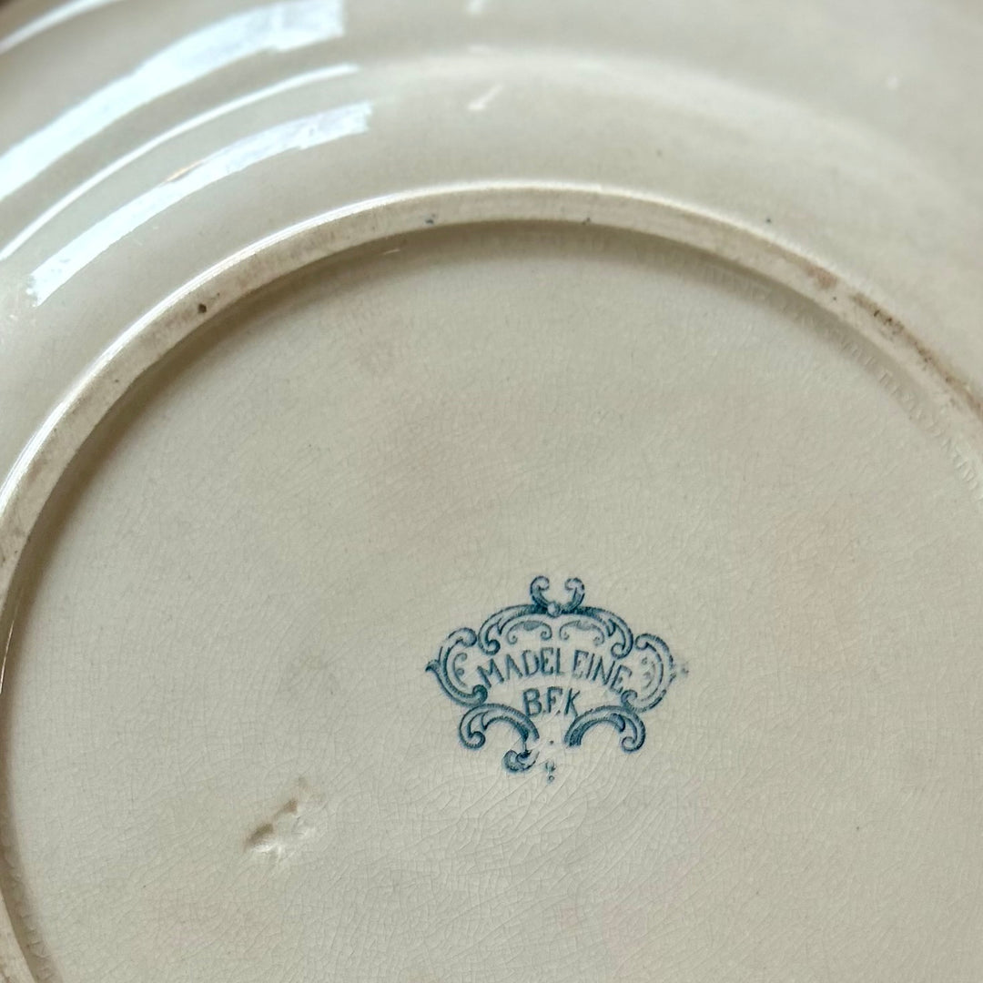 Antique French Transferware Plates – “Madeleine” Pattern, Blue Floral Scroll (B.F.K.)