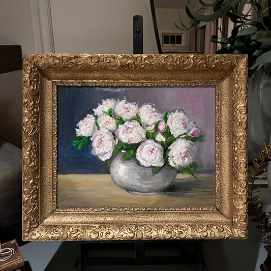 Oil Painting of Peonies in Vintage Gilt Frame