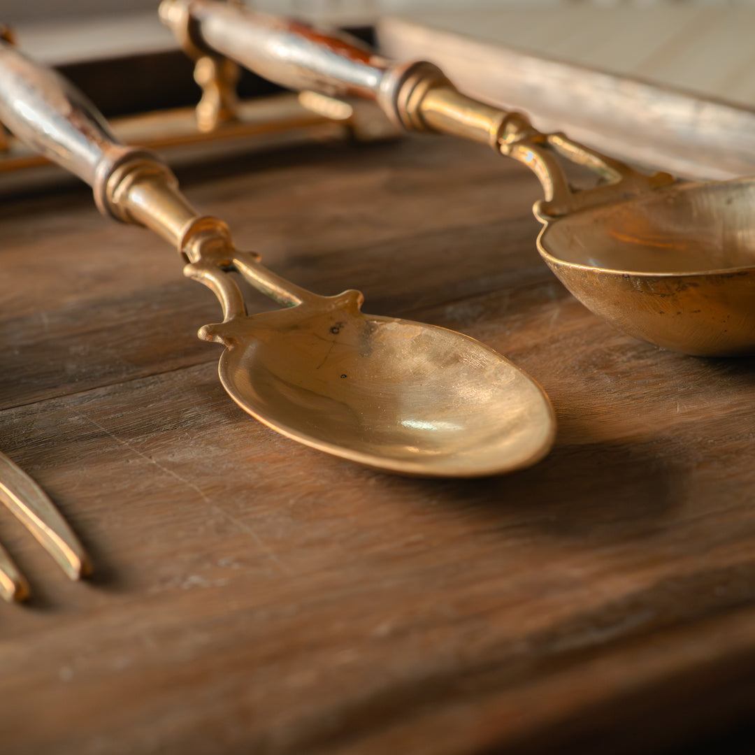 Vintage brass & wood kitchen utensil set