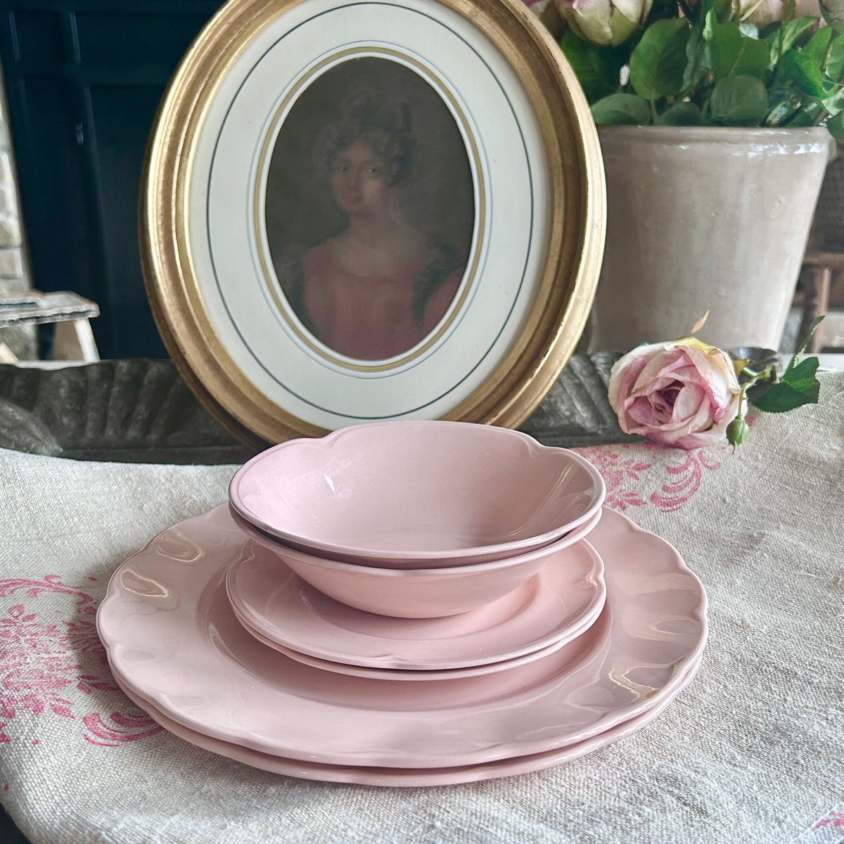 Johnson Bros. “Rosedawn” Pink Ironstone two Place Settings (chippy)