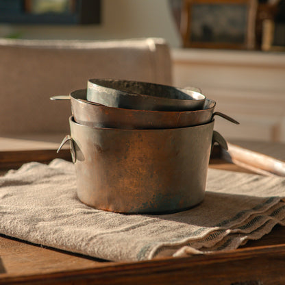 Antique tinned iron measuring pots - set of three