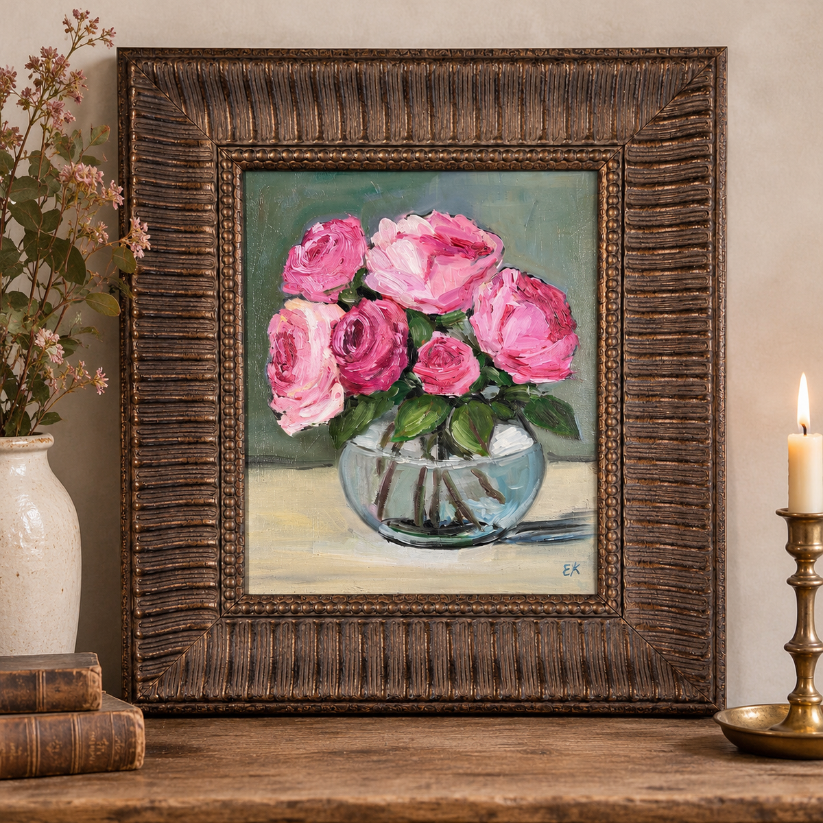 Pink Roses Still Life - Original Oil Painting