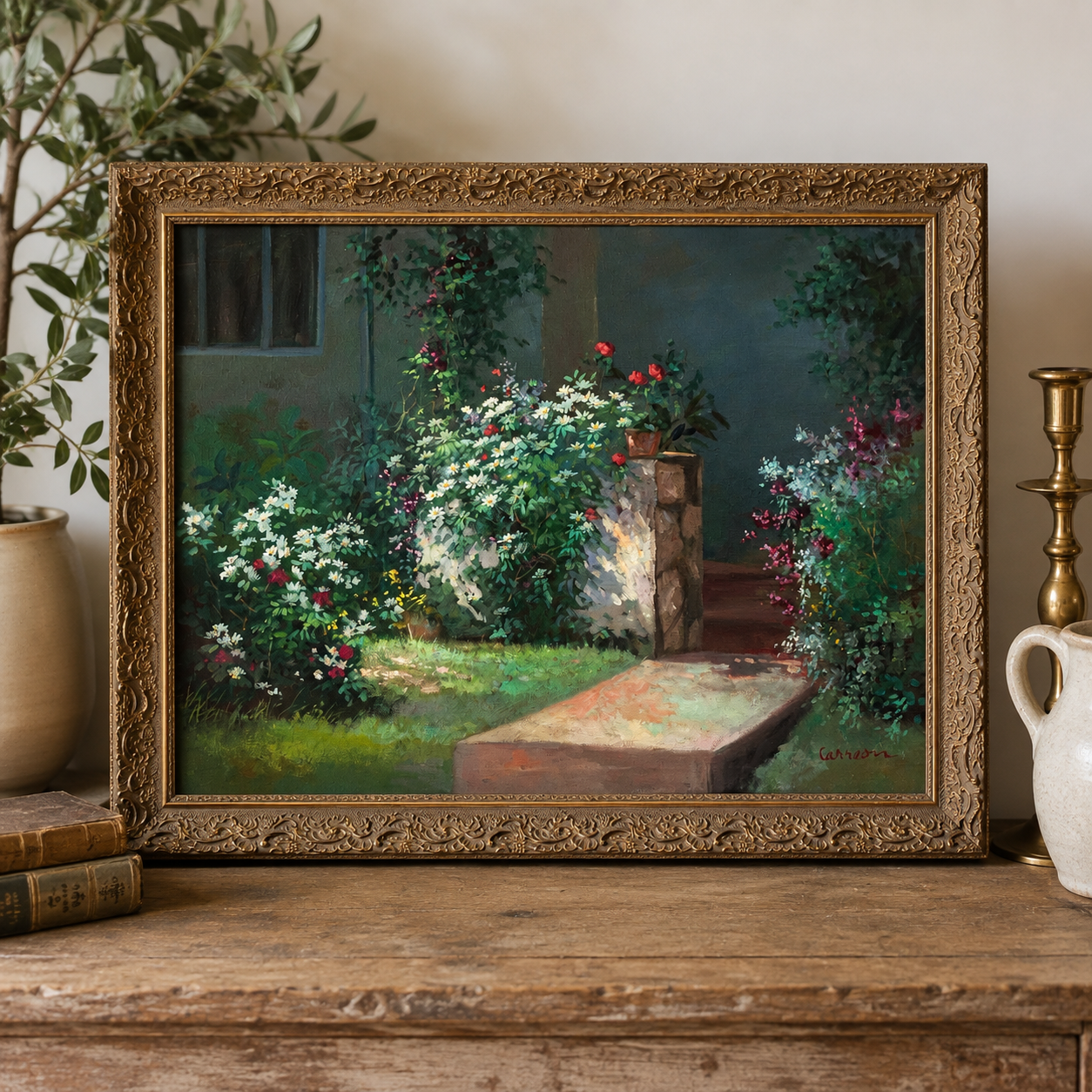 Vintage Original Garden Oil Painting in Ornate Gilt Frame