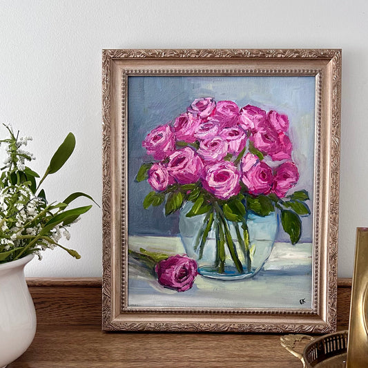 Pink Roses Still Life - Original Oil Painting