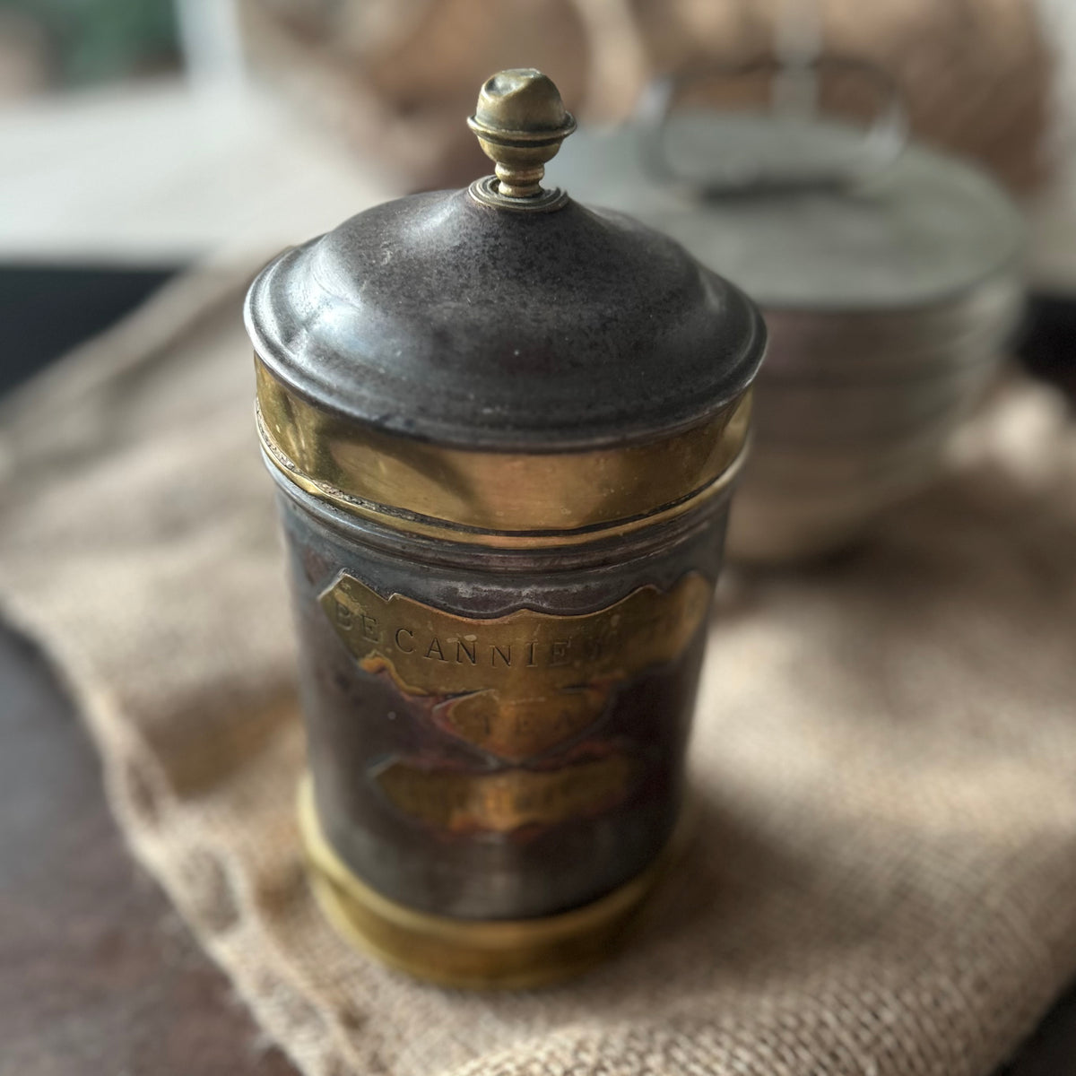 Be Cannie wi’ the Tea, Guidwife” Victorian Tin & Brass Caddy
