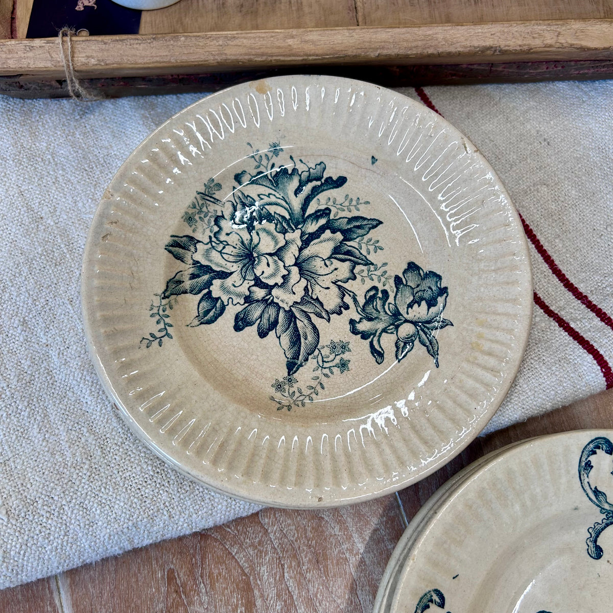 Set of 6 Antique French Blue Transferware Plates – 5 Patterns, c. 1880–1910