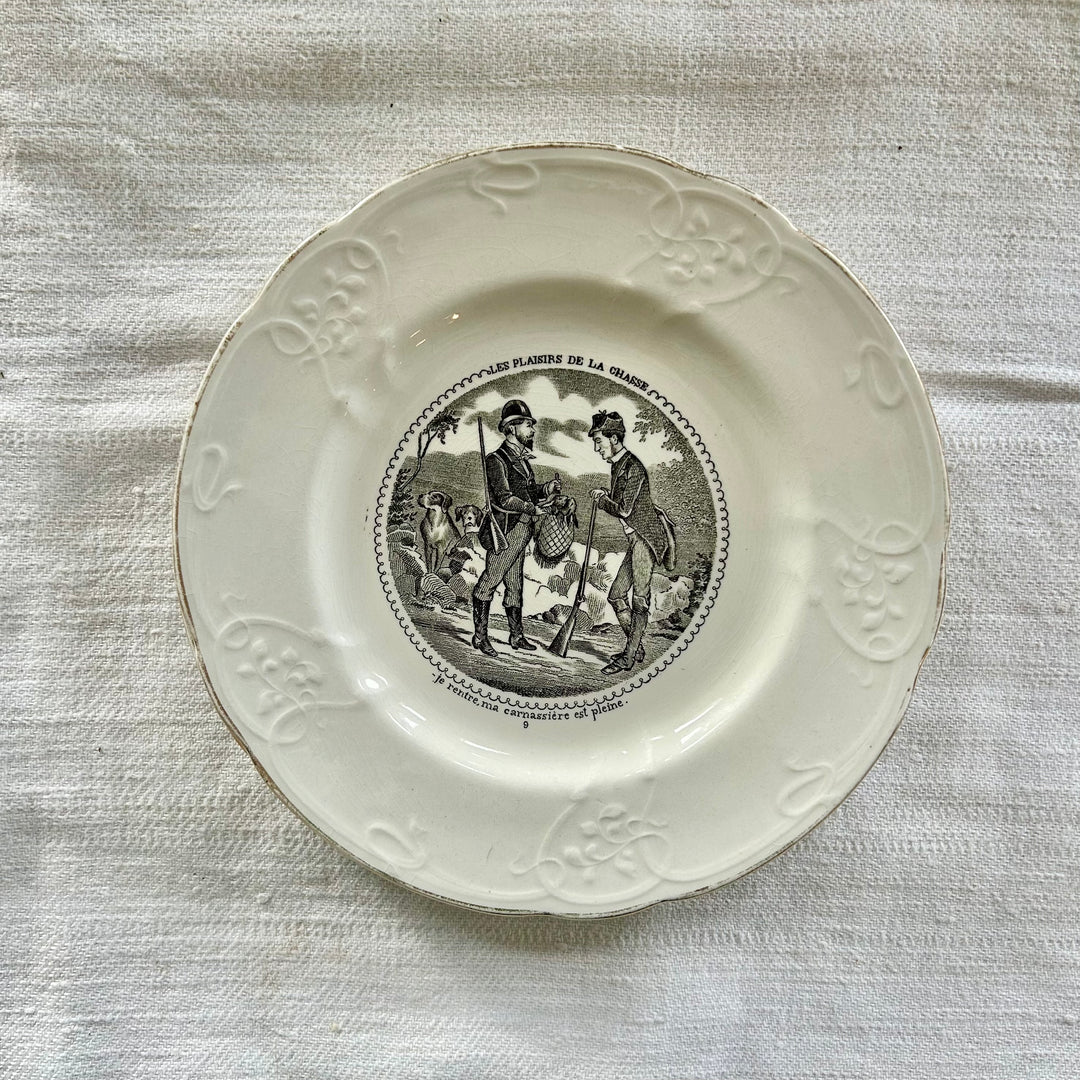 Set of Five Antique French Transferware Plates – Les Plaisirs de la Chasse, c.1850s