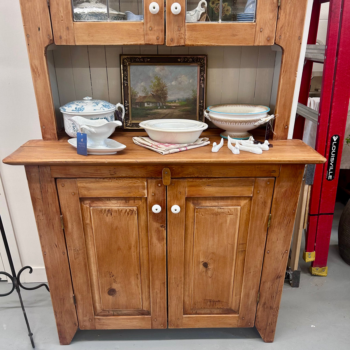 Antique Pine Glazed Hutch Cabinet