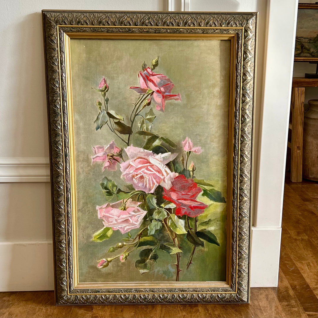Antique English Floral Oil Painting – Roses Study (Unsigned)