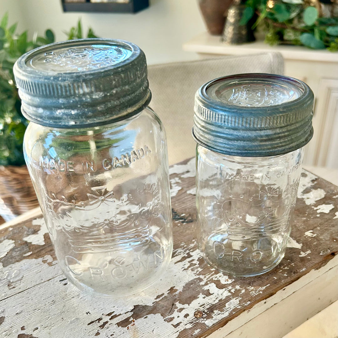 Vintage Canadian Crown Glass Jars with Original Zinc Lids