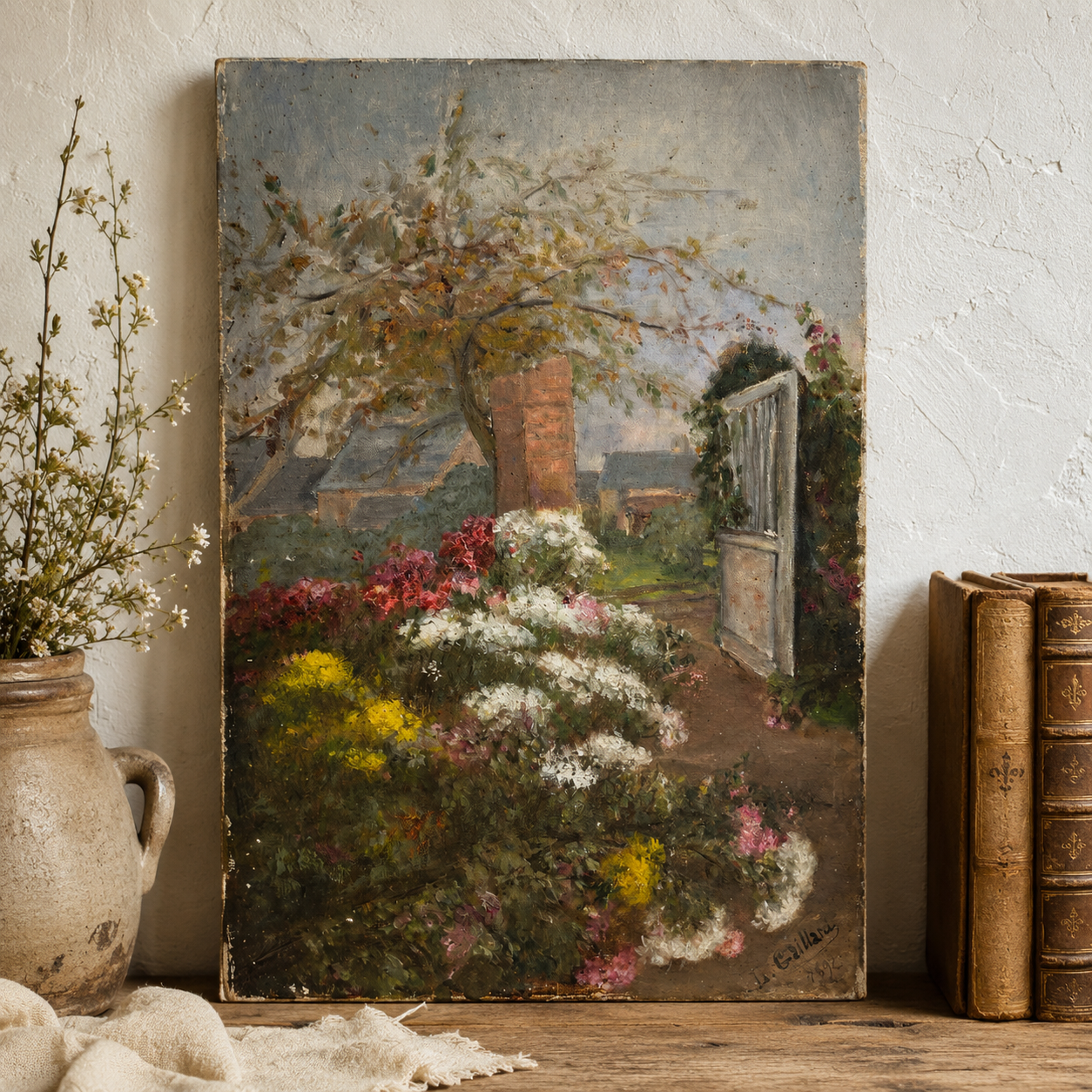 Antique 1896 English Garden Oil Painting – Signed L. Gaillard