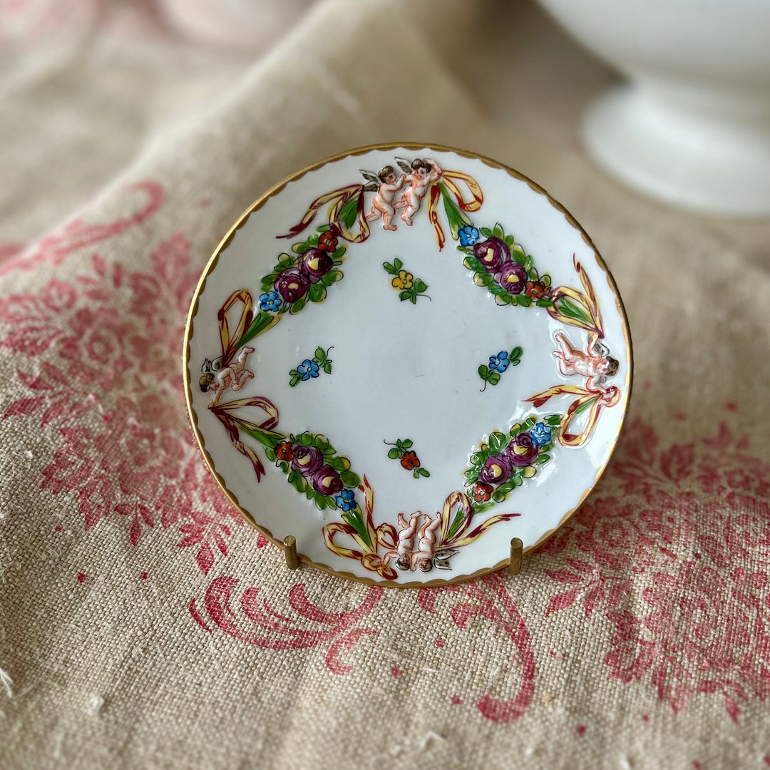 Petite French Porcelain Dish with Raised Cherubs and Floral Garland