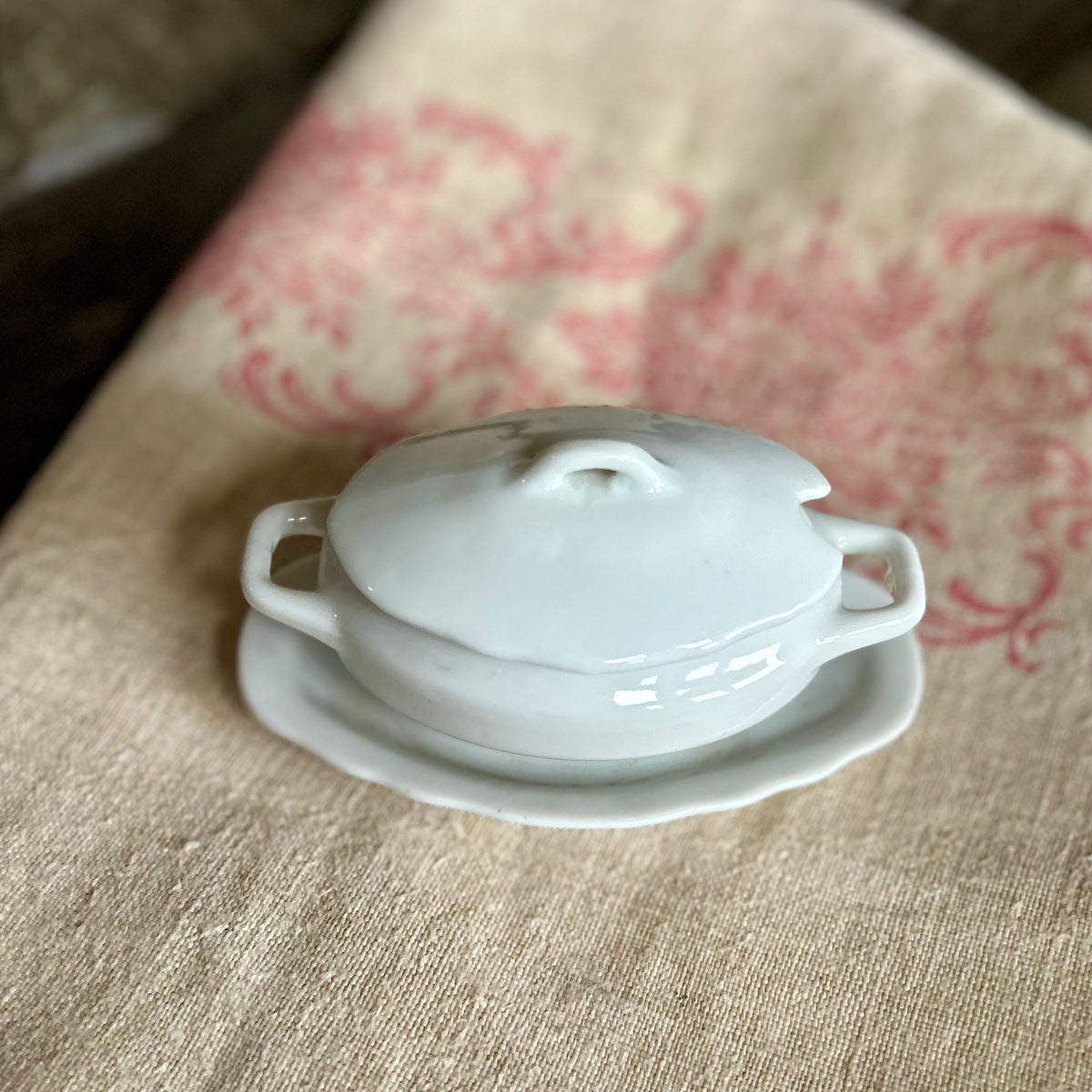 Petite Ironstone Covered Dish with Attached Underplate