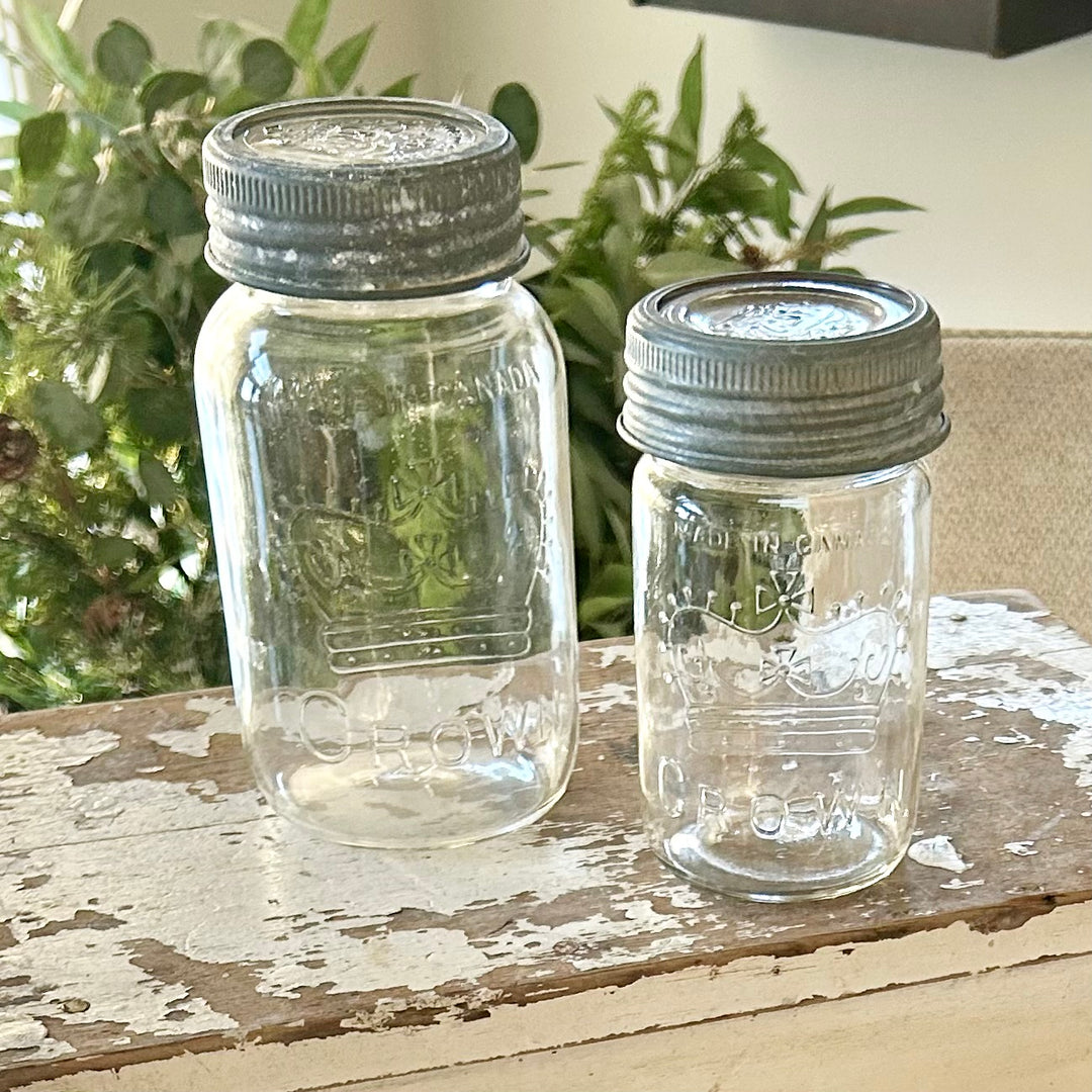 Vintage Canadian Crown Glass Jars with Original Zinc Lids