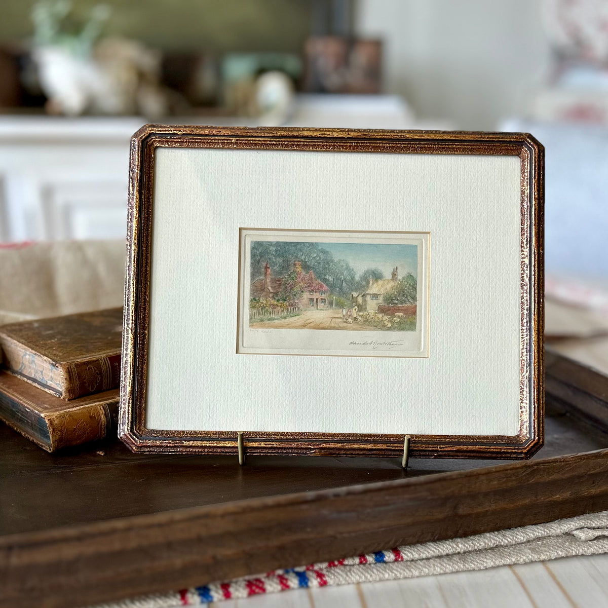 English Countryside Hand-Coloured Etching by Claude H. Rowbotham