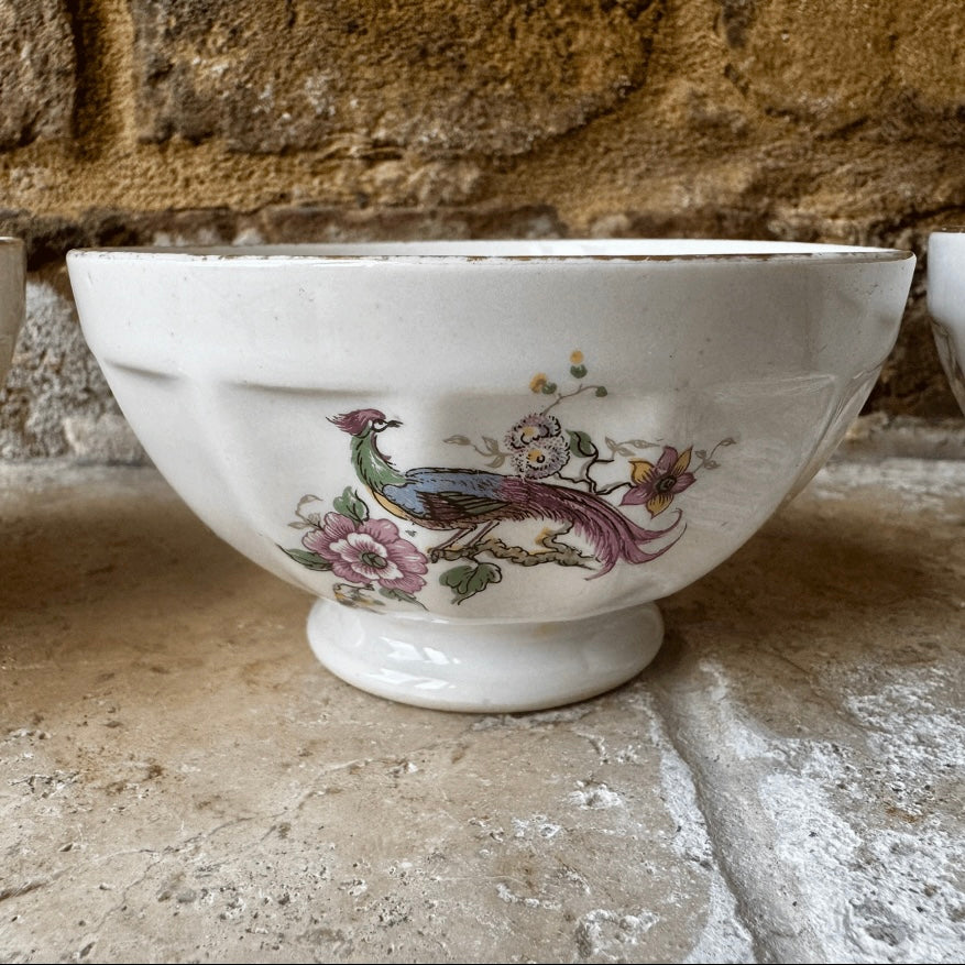 Set of Three French Café au Lait Bowls with Bird Motif

France, c. 1930s–1940s