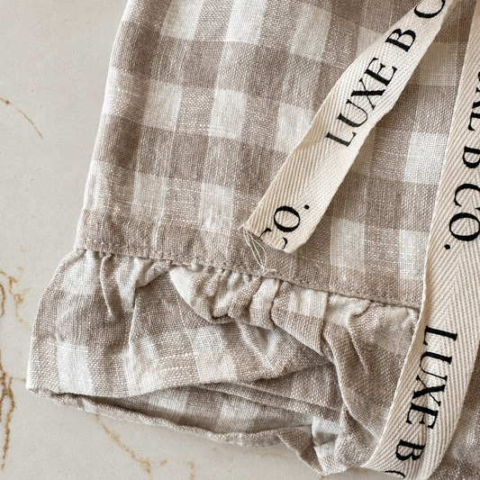 Beige Gingham Linen Ruffle Dish Towel