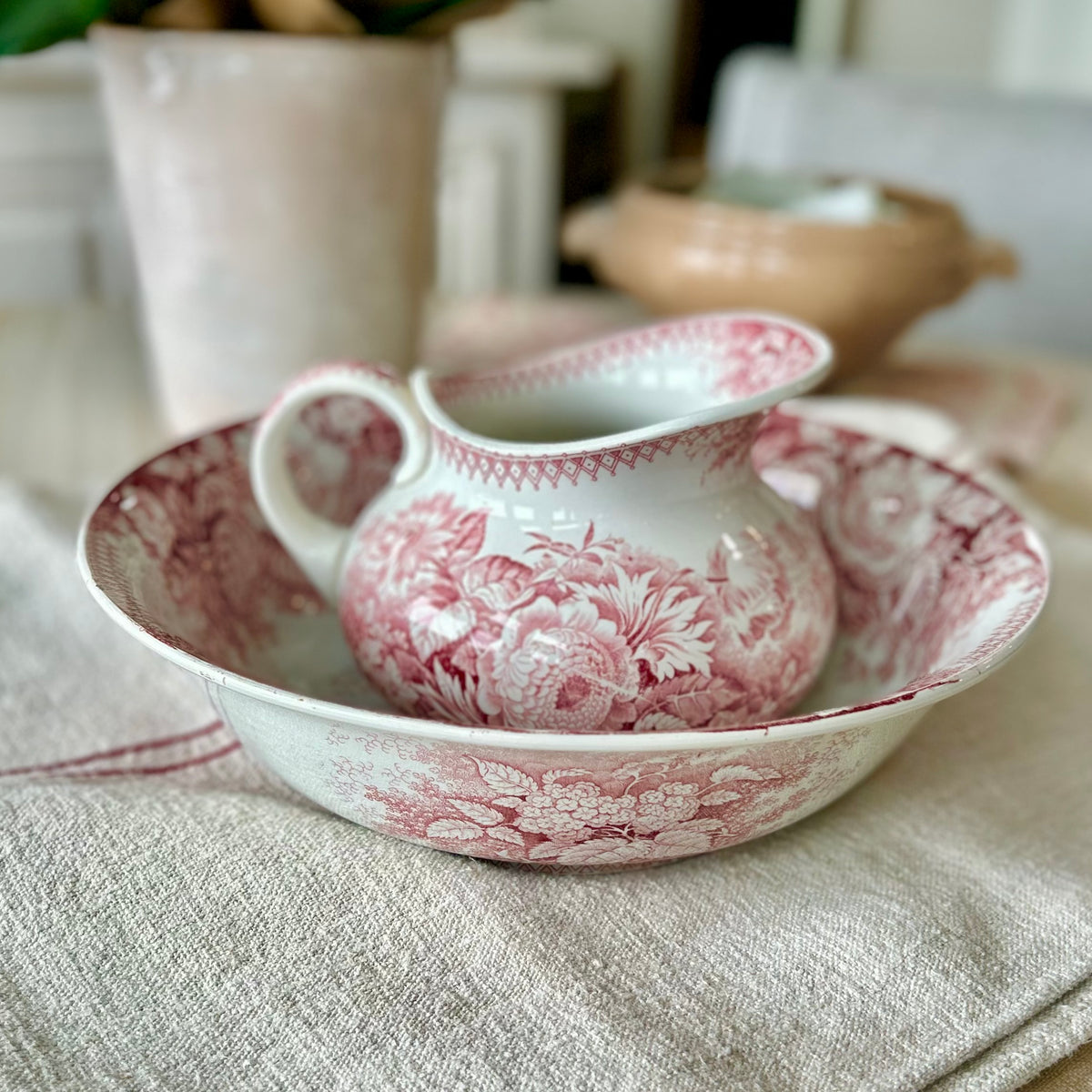 Antique Sarreguemines Rose Transferware Washstand Set