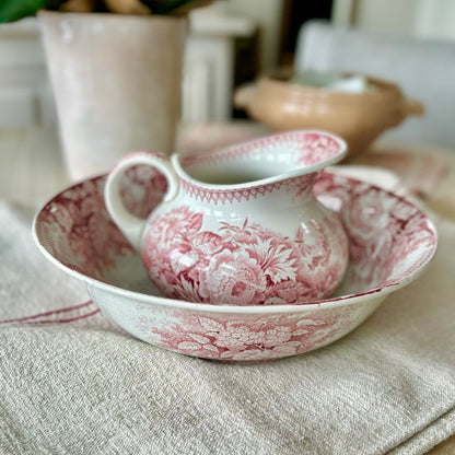 Antique Sarreguemines Rose Transferware Washstand Set