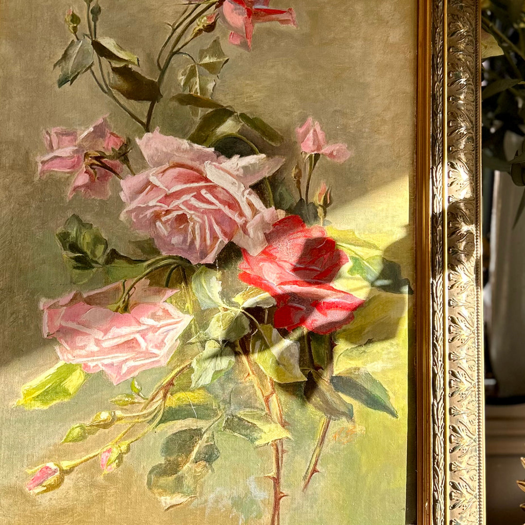 Antique English Floral Oil Painting – Roses Study (Unsigned)