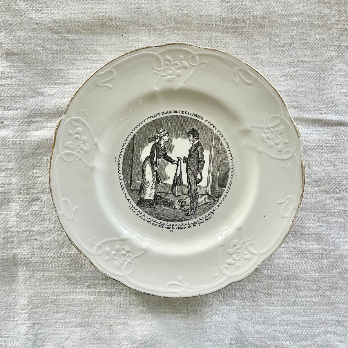 Set of Five Antique French Transferware Plates – Les Plaisirs de la Chasse, c.1850s